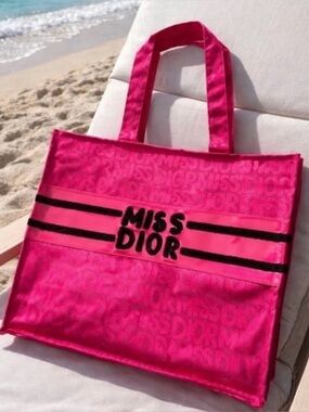 NEW IN PACKAGING Dior Miss Dior Hot Pink Canvas Tote with Black Stripe Logo